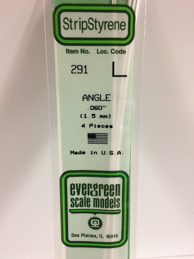 Evergreen 291 .060" (1.5mm) White Styrene Angle All Scales - package