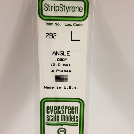 Evergreen 292 .080" (2.0mm) White Styrene Angle All Scales - package
