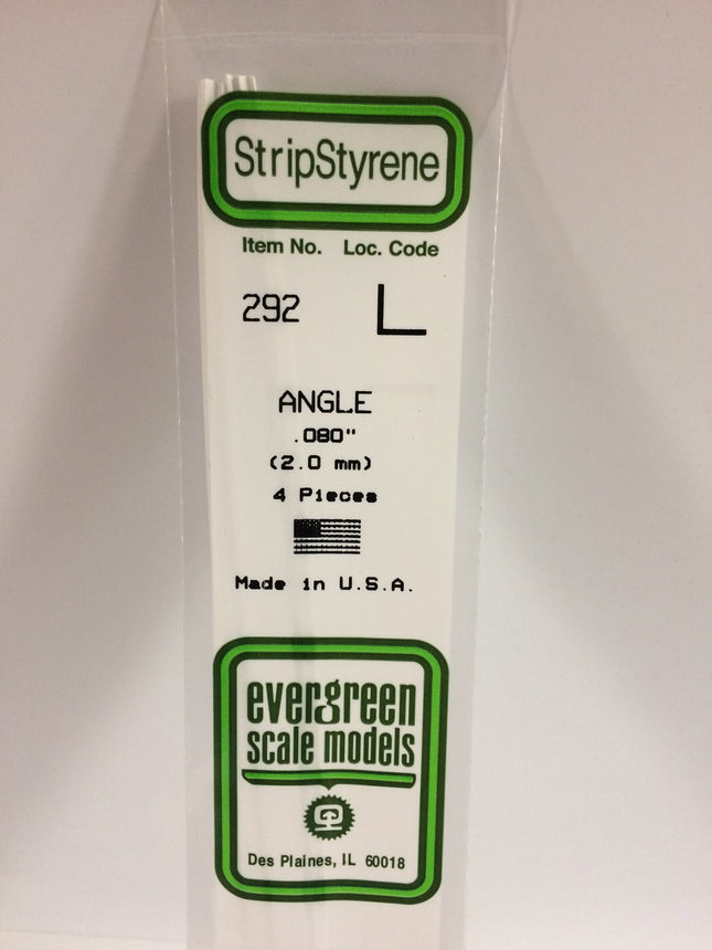 Evergreen 292 .080" (2.0mm) White Styrene Angle All Scales - package