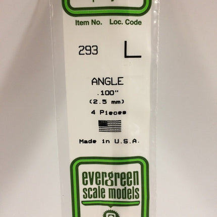 Evergreen 293 .100" (2.5mm) White Styrene Angle All Scales - package