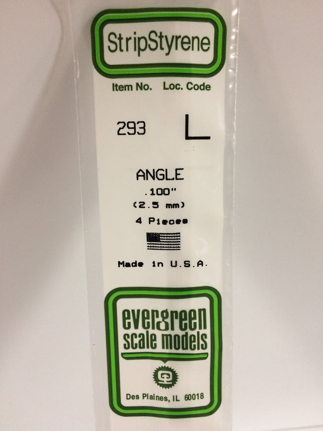 Evergreen 293 .100" (2.5mm) White Styrene Angle All Scales - package