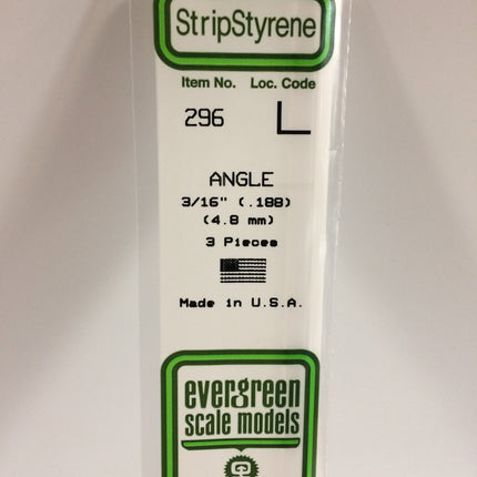 Evergreen 296 .188" (4.8mm) White Styrene Angle All Scales - package
