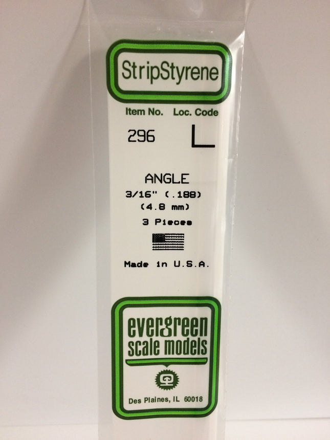 Evergreen 296 .188" (4.8mm) White Styrene Angle All Scales - package