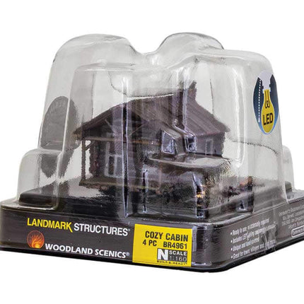 Woodland Scenics 4961 Cozy Cabin N Scale pre-assembled model in packaging with LED lighting system.