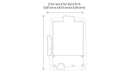 Dimensions diagram for Woodland Scenics Cozy Cabin, 2 5/16" w x 3 7/16" d x 2 1/8" h, perfect for HO scale layouts.