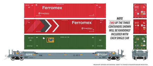 Rapido 1132005A HO scale 53' Husky-Stack Well Car w/2 Containers, Ferromex