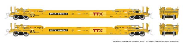 Rapido 1132505A HO scale 53' Husky-Stack Well Car Only, 2-pack, TTX
