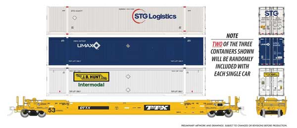 Rapido 1132504 HO scale 53' Husky-Stack Well Car Only, 6-pack, TTX