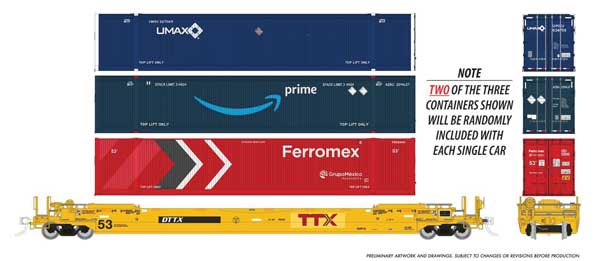 Rapido 1132505 HO scale 53' Husky-Stack Well Car Only, 6-pack, TTX