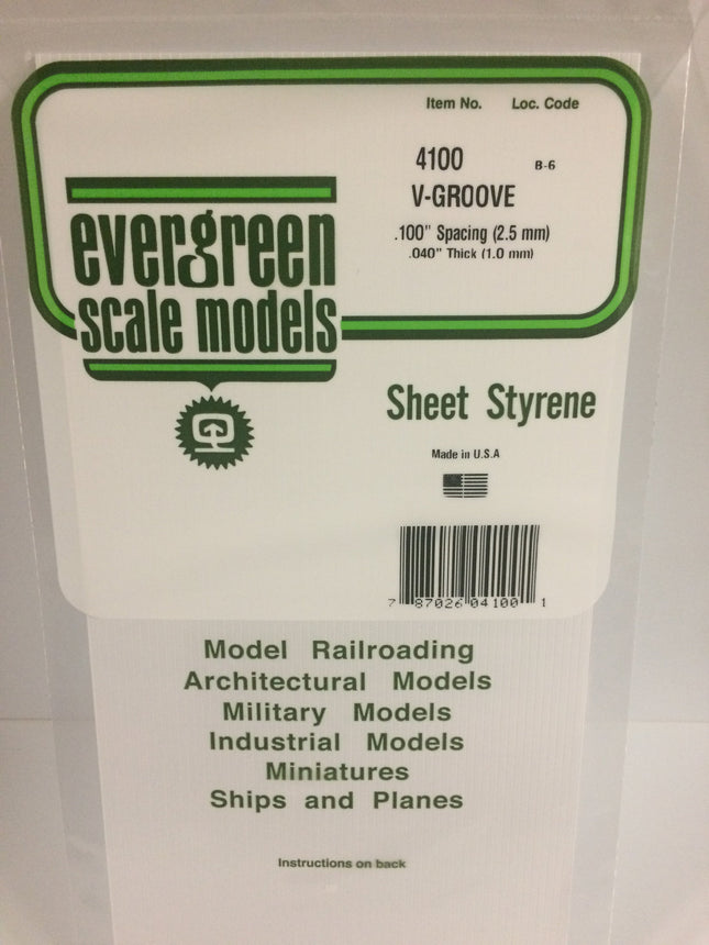 Evergreen 4100 .100" White Styrene V Groove Siding All Scales - package