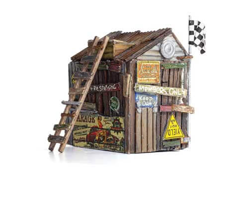 Woodland Scenics 4962 Kids Clubhouse Assembled Building N Scale with hand-painted messages and salvaged signs.