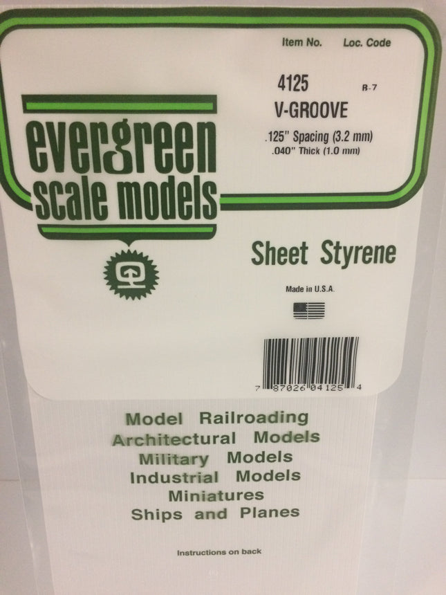 Evergreen 4125 .125" White Styrene V Groove Siding All Scales - package