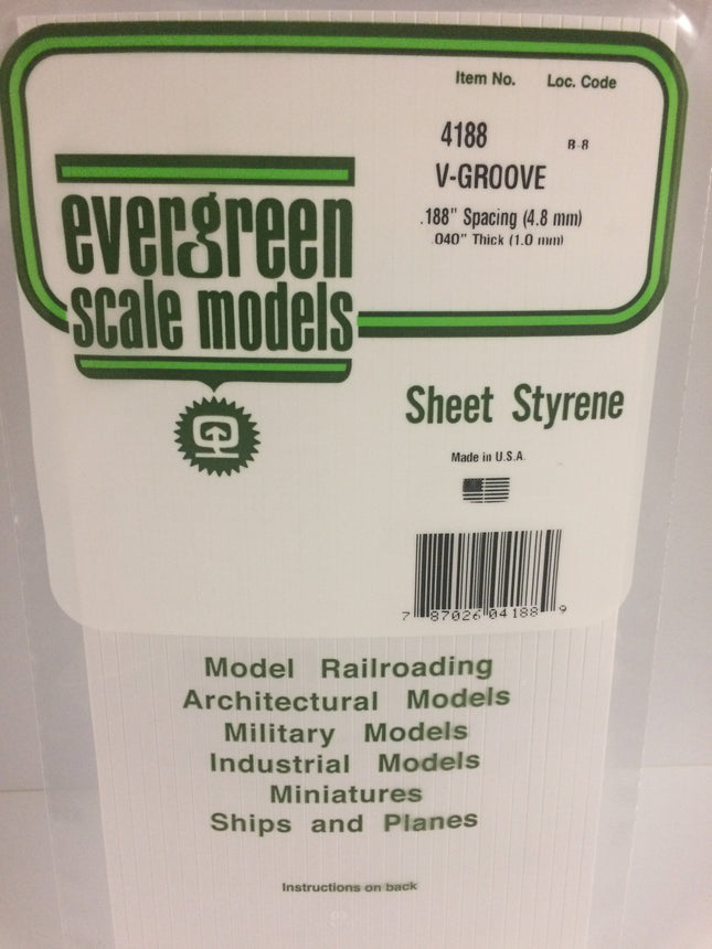 Evergreen 4188 .188" White Styrene V Groove Siding All Scales - package