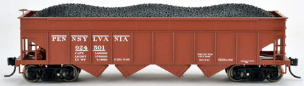 HO scale Bowser 43056 Class H21a 4-Bay Hopper, Pennsylvania Railroad model, side view with coal load.