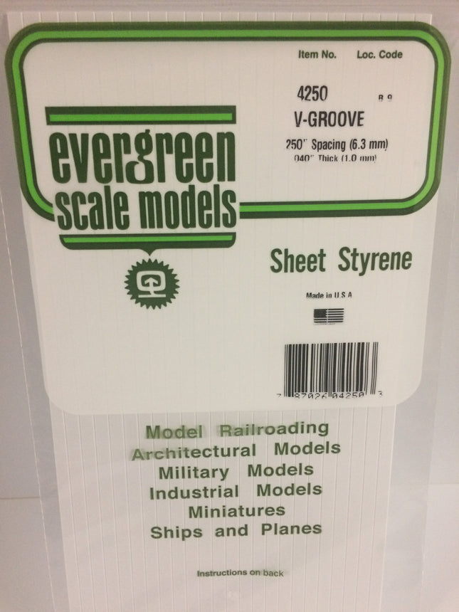 Evergreen 4250 .250" White Styrene V Groove Siding All Scales - package