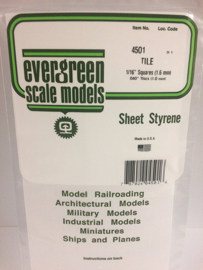 Evergreen 4501 1/16" x 1/16" White Styrene Square Tile All Scales - package