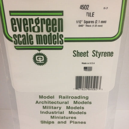Evergreen 4502 1/12" x 1/12" White Styrene Square Tile All Scales - package