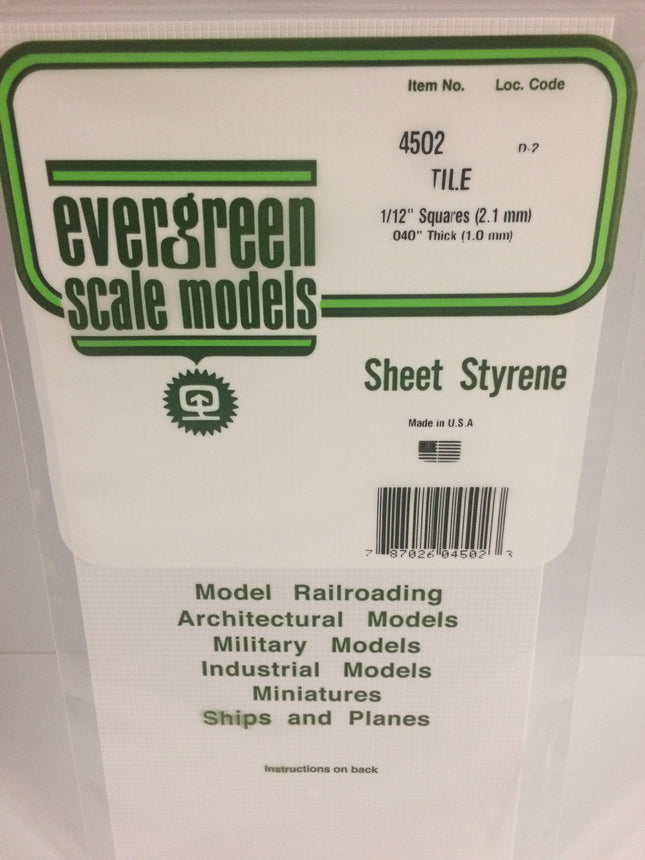 Evergreen 4502 1/12" x 1/12" White Styrene Square Tile All Scales - package