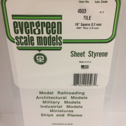 Evergreen 4503 1/8" x 1/8" White Styrene Square Tile All Scales - package