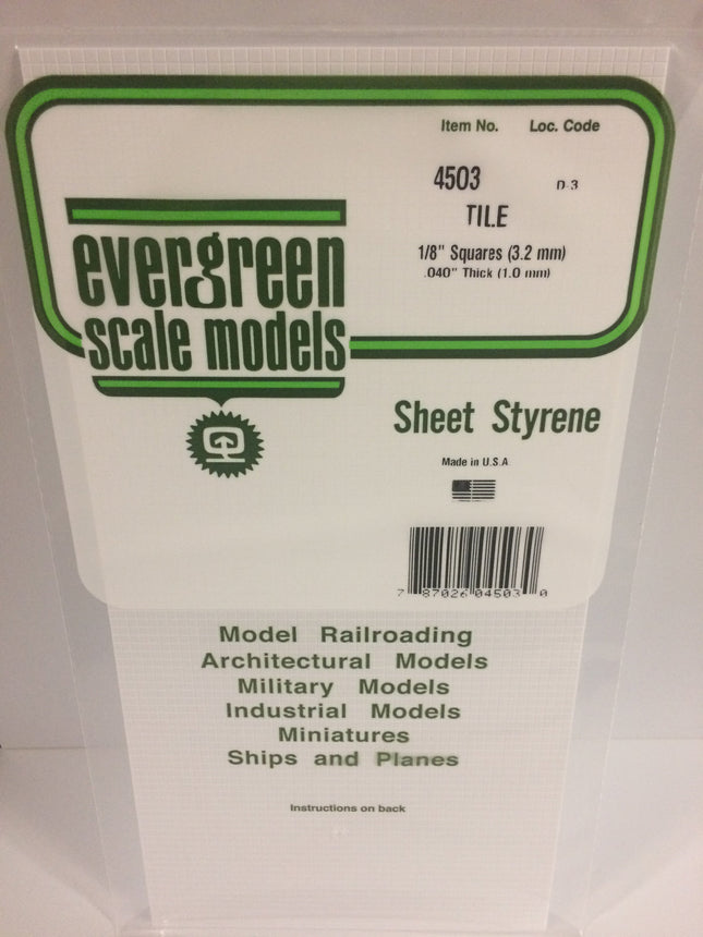 Evergreen 4503 1/8" x 1/8" White Styrene Square Tile All Scales - package