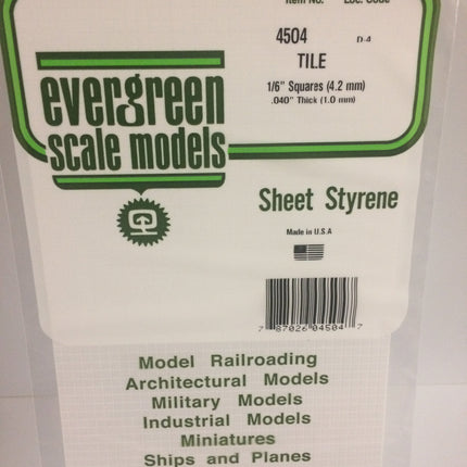 Evergreen 4504 1/6" x 1/6" White Styrene Square Tile All Scales - package