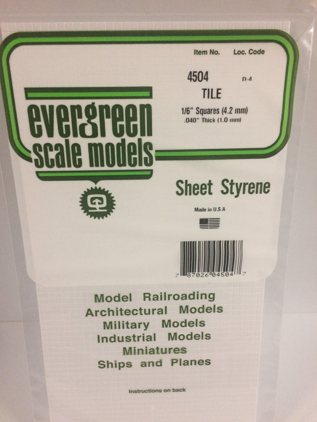 Evergreen 4504 1/6" x 1/6" White Styrene Square Tile All Scales - package