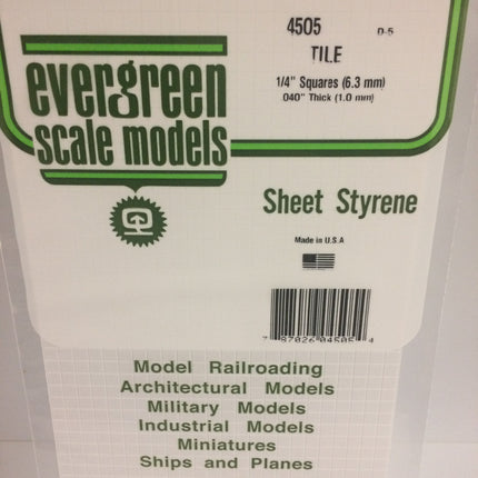 Evergreen 4505 1/4" x 1/4" White Styrene Square Tile All Scales - package