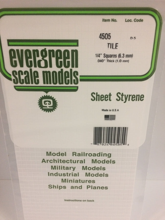 Evergreen 4505 1/4" x 1/4" White Styrene Square Tile All Scales - package