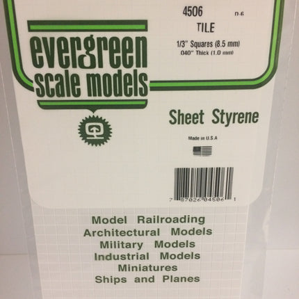 Evergreen 4506 1/3" x 1/3" White Styrene Square Tile All Scales - package