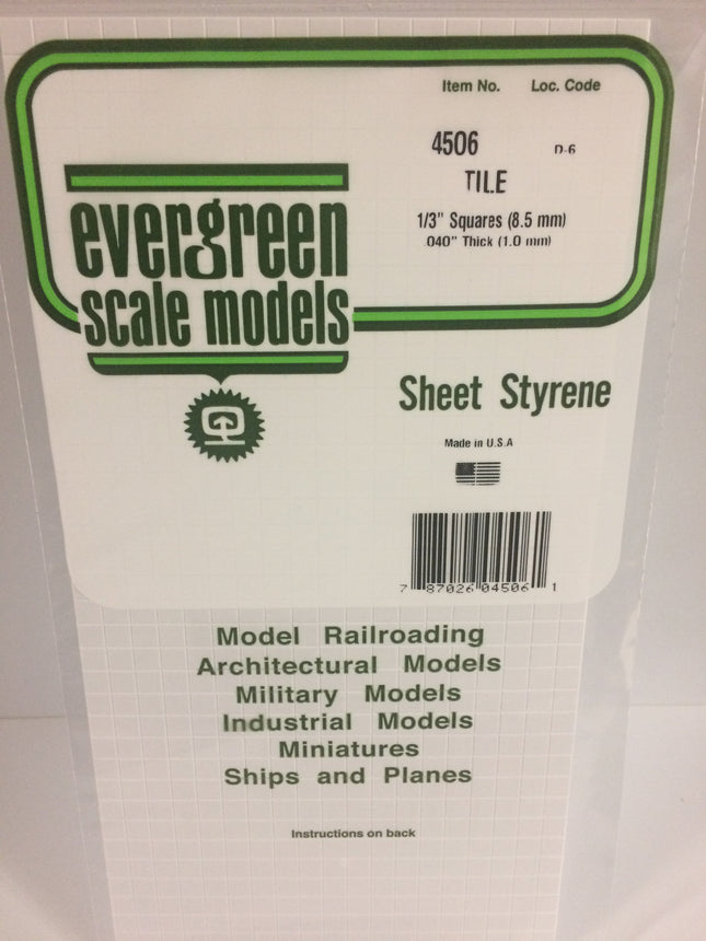 Evergreen 4506 1/3" x 1/3" White Styrene Square Tile All Scales - package
