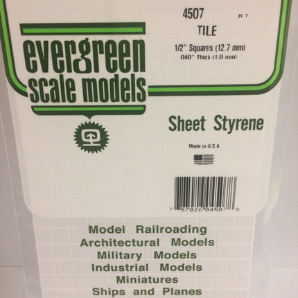 Evergreen 4507 1/2" x 1/2" White Styrene Square Tile All Scales - package