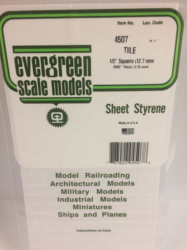 Evergreen 4507 1/2" x 1/2" White Styrene Square Tile All Scales - package