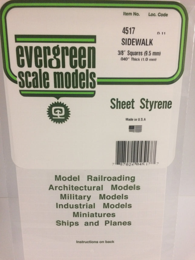 Evergreen 4517 3/8" x 3/8" White Styrene Sidewalk All Scales - package