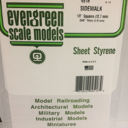 Evergreen 4518 1/2" x 1/2" White Styrene Sidewalk All Scales - package