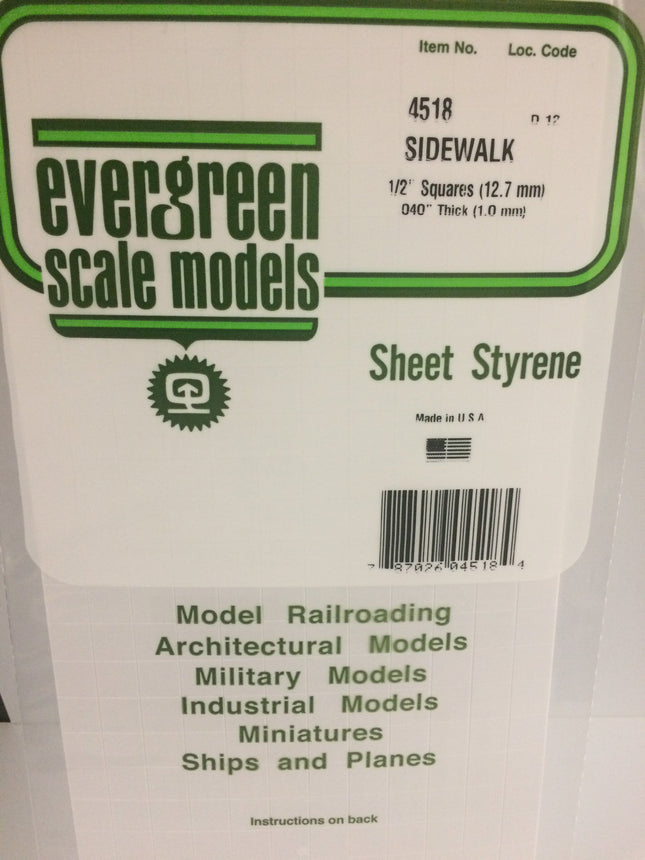 Evergreen 4518 1/2" x 1/2" White Styrene Sidewalk All Scales - package