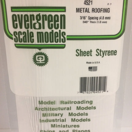 Evergreen 4521 .040" x .1875 White Styrene Standing Seam Roofing All Scales - package