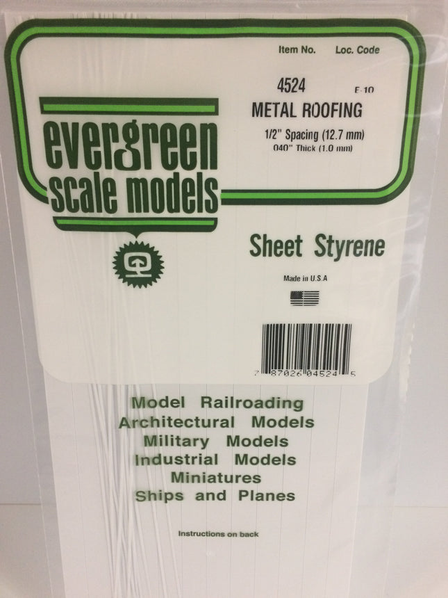 Evergreen 4524 .040" x .500 White Styrene Standing Seam Roofing All Scales - package