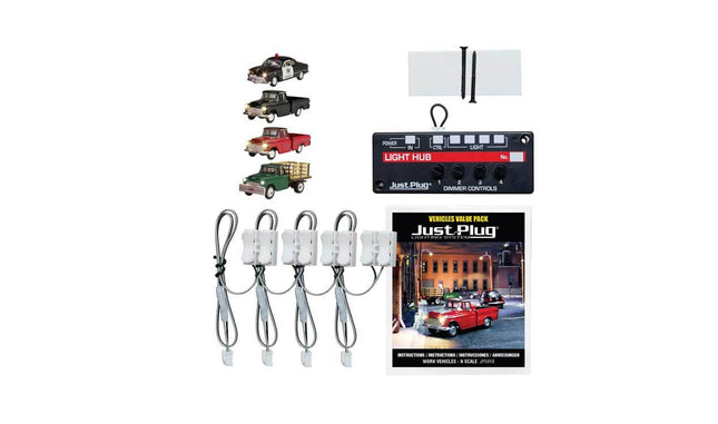 Woodland Scenics Just Plug Value Pack with work vehicles, Light Hub, and accessories for N scale model layouts.