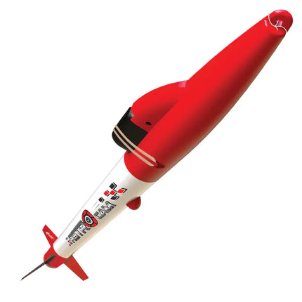 Estes AstroCam Starter Set rocket in red and white, featuring a high-definition video camera for aerial footage.