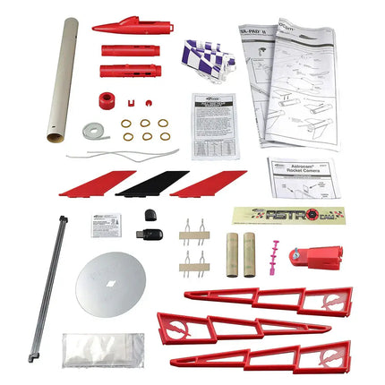 Astrocam Starter Set components including rocket parts, decals, and assembly instructions for Estes Rockets.