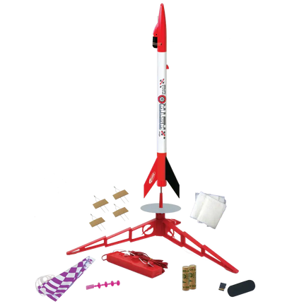 Estes Rockets AstroCam Starter Set with rocket, video camera, launch pad, and accessories for model rocketry adventures.