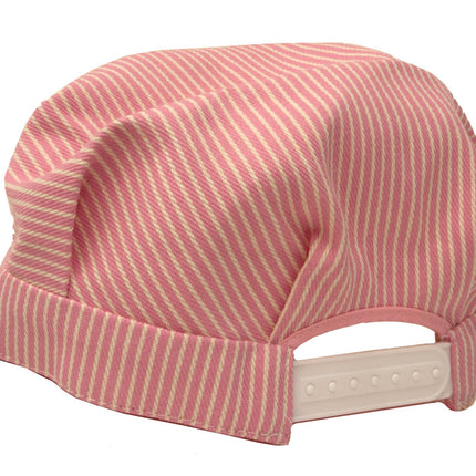 Brooklyn Peddler 00059 Child's Engineer Cap in pink hickory stripe denim - back view with snap strap