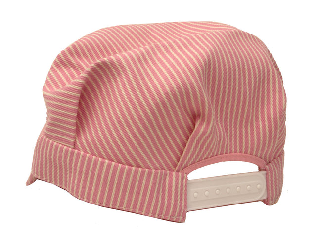 Brooklyn Peddler 00059 Child's Engineer Cap in pink hickory stripe denim - back view with snap strap