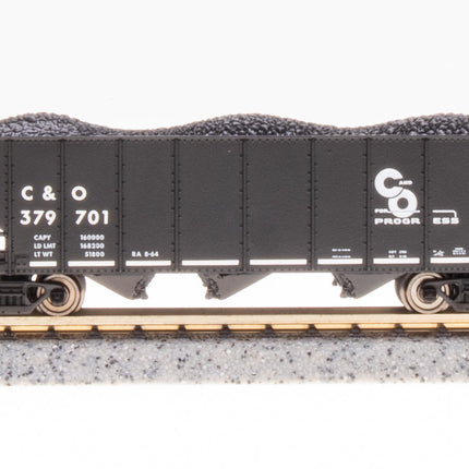 Broadway Limited 7153 C&O 3-Bay Hopper 2-Pack N Scale - car 379701 side view with coal load