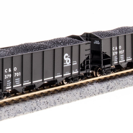 Broadway Limited 7153 C&O 3-Bay Hopper 2-Pack N Scale - both cars on track, angled view