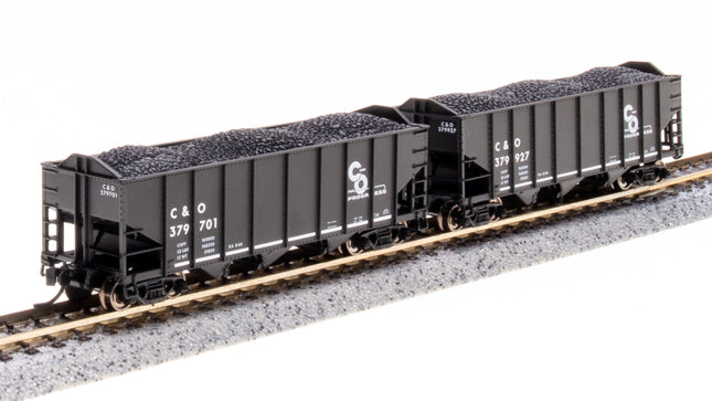 Broadway Limited 7153 C&O 3-Bay Hopper 2-Pack N Scale - both cars on track, angled view
