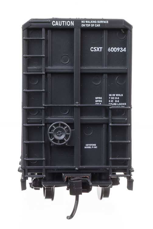Walthers Mainline 910-50738 HO scale 72 foot centerbeam flatcar end view showing CSX road number 600934