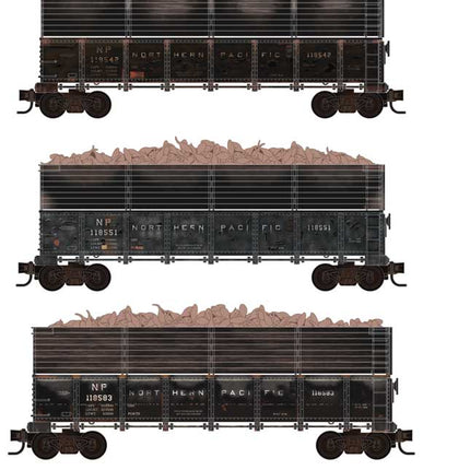 Micro Trains 993 02 248 | 40' Drop-Bottom Gondola, Extentions & Sugar Beet Load 3-Pack - Ready to Run - Foam Case - Northern Pacific #118583, 118551, 118542 | N Scale