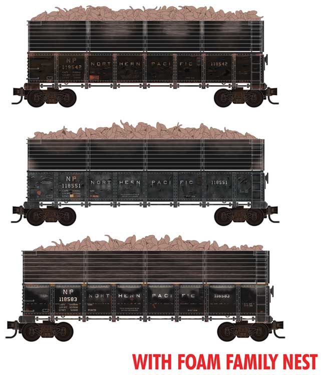 Micro Trains 993 02 248 | 40' Drop-Bottom Gondola, Extentions & Sugar Beet Load 3-Pack - Ready to Run - Foam Case - Northern Pacific #118583, 118551, 118542 | N Scale