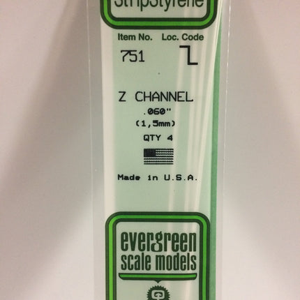 Evergreen 751 .060" (1.5mm) White Styrene Z Channel All Scales - package